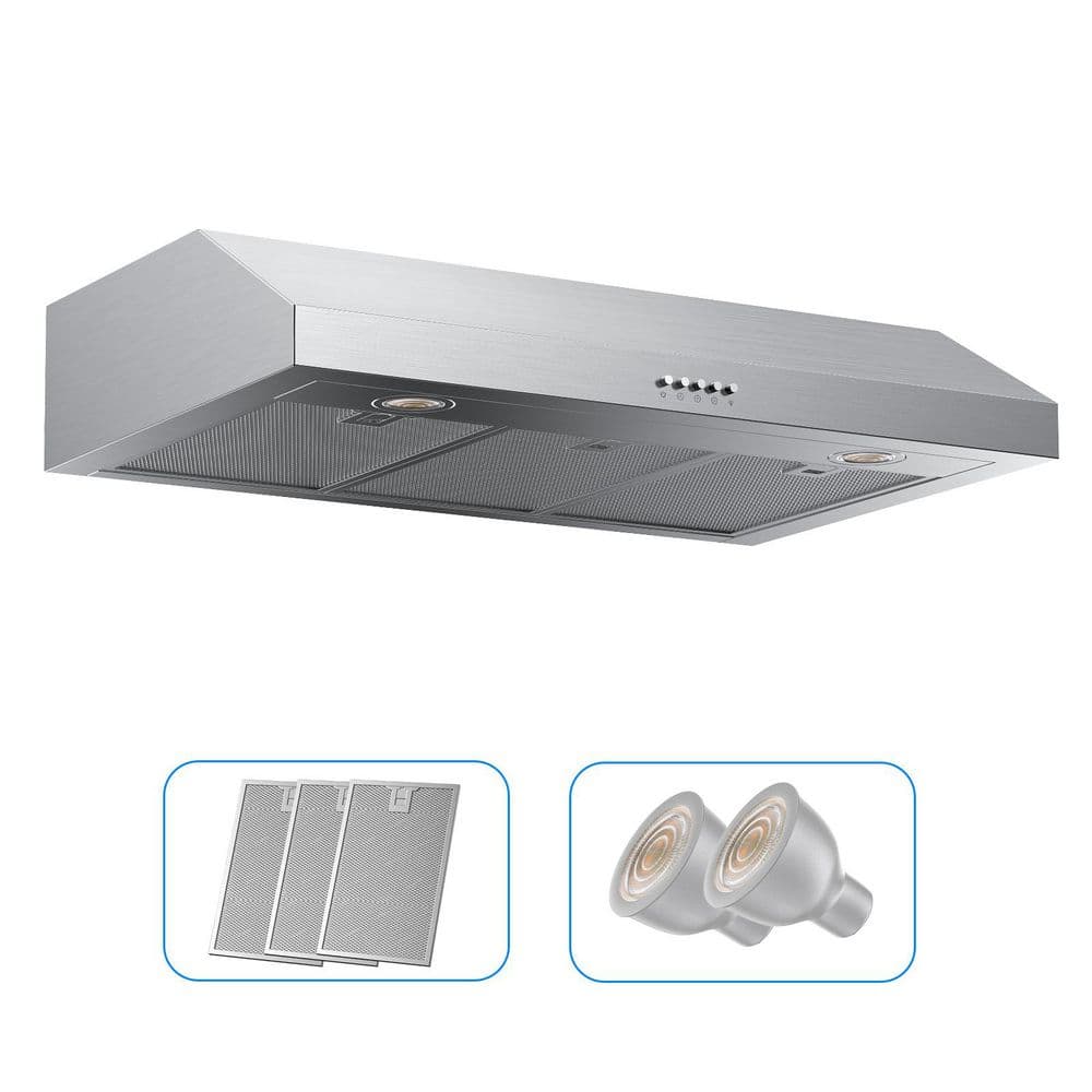 36 in. 400 CFM Ducted Under Cabinet Range Hood in Stainless Steel with Dual Motor and Push Button Control, Low Noise