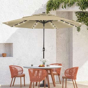 10 ft. Aluminum Pole LED Outdoor Market Tilt Patio Umbrella 3-Tier Vented Umbrella, Sand