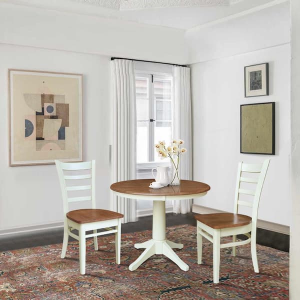 International Concepts Olivia 3-Piece 36 in. Hickory/Shell Solid Wood Round Top Dining Set with Emily Chairs Seats 4