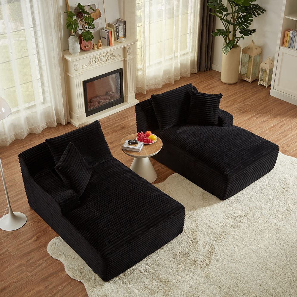 78.7 in. Straight Arm Corduroy Rectangle Sleeper Sofa with Spring Padding, Compressible Double Chaise Lounge in Black