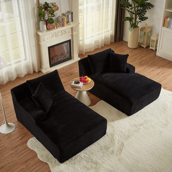 78.7 in. Straight Arm Corduroy Rectangle Sleeper Sofa with Spring Padding, Compressible Double Chaise Lounge in Black