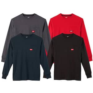 Men's 2X-Large Multi-Color Heavy-Duty Cotton/Polyester Long-Sleeve Pocket T-Shirt (4-Pack)