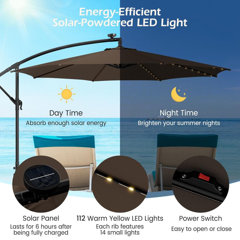 Coffee 10FT Solar-Lighted Cantilever Offset Patio Umbrella