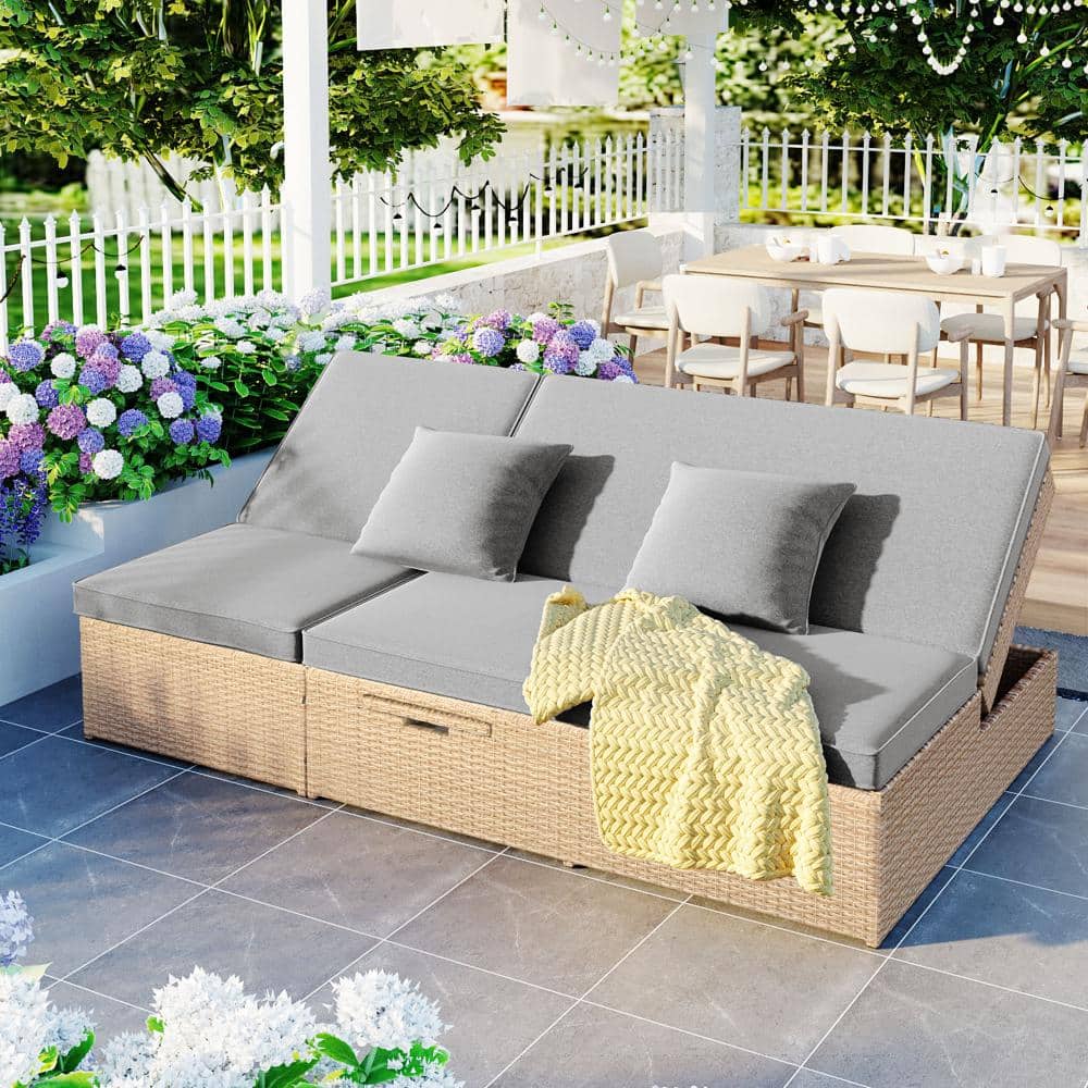Brown Rattan Outdoor Double Chaise Lounge with Gray Cushions, Adjustable Backrest price history on PriceWatchPro