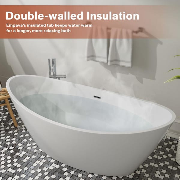67 in. Acrylic Flatbottom Hourglass Freestanding Soaking Bathtub in White with Brushed Nickel Overflow and Drain