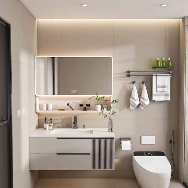 Avex Khaki 35 in. W x 28 in. H Rectangular Aluminium Medicine Cabinet with Mirror ， LED Light and Defogging Function