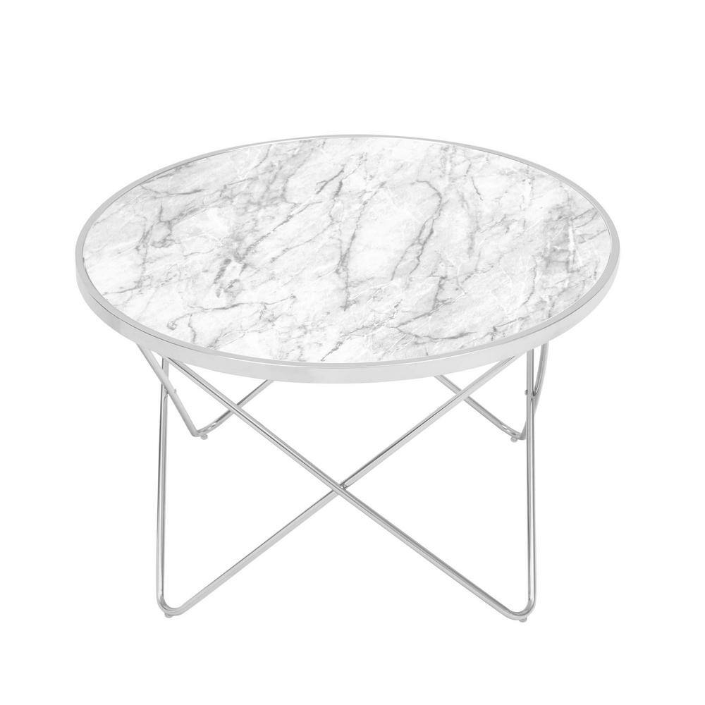 Small Round White Faux Marble Coffee Table with Silver Hairpin Legs