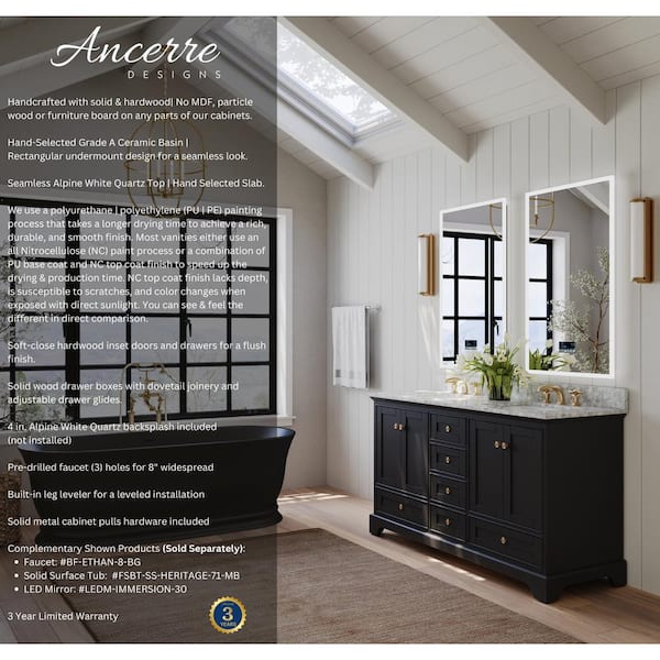 Audrey 66 in. W x 22 in. D x 34.3 in. H Double Sink Bath Vanity in Black Onyx with Italian Carrara White Marble Top