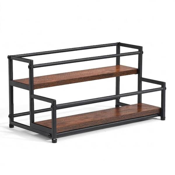 10 Bottles Black Metal Wood Coffee Syrup Rack Organizer 2-Tier Bottle Holder Stand Bar Shelf Countertop