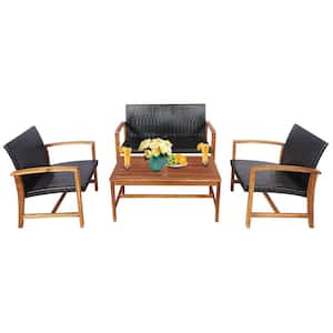 4-Piece Wood and Wicker Outdoor Loveseat Sectional Set