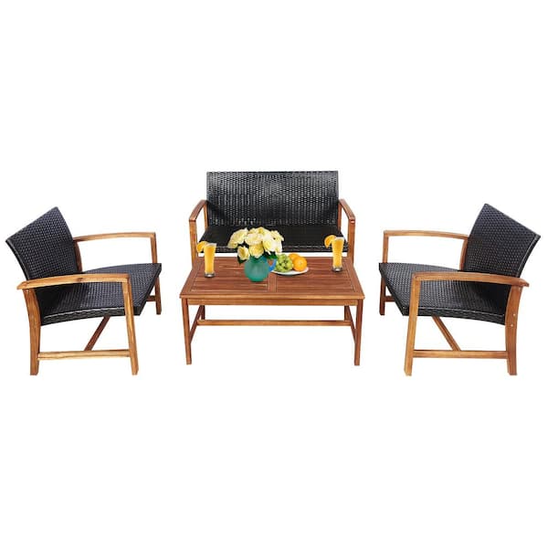 Costway 4-Piece Wood and Wicker Outdoor Loveseat Sectional Set