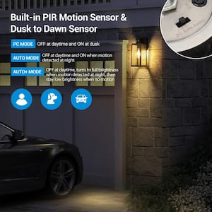 14.2 in. Black Motion Sensing Dusk to Dawn Outdoor Hardwired Wall Lantern Scone with No Bulbs Included