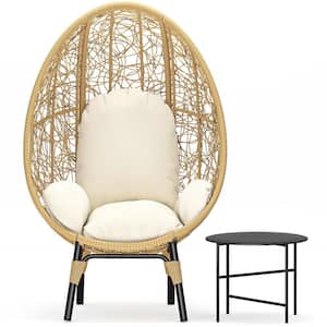 Beige Wicker Outdoor Egg Lounge Chair with Natural Cushion and Side Table