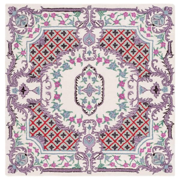 Bellagio 5 ft. x 5 ft. Square Ivory Floral Border Area Rug