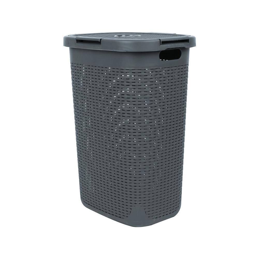 Gray Plastic Wicker Laundry Hamper with Lid and Wheels