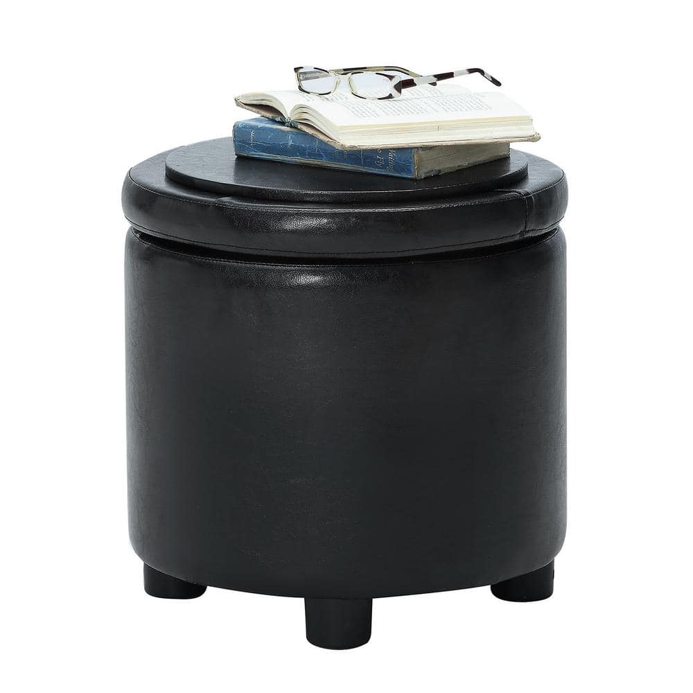 16" Round Black Faux Leather Ottoman with Reversible Tray