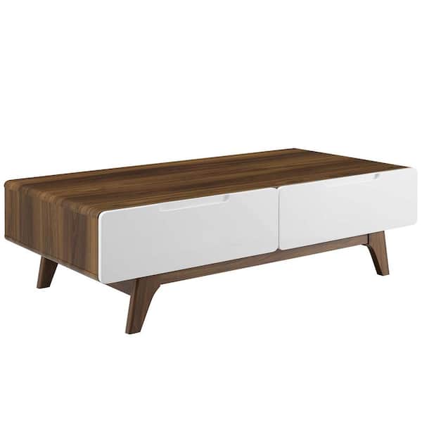 MODWAY Origin 47 in. Walnut White Large Rectangle Wood Coffee Table with Drawers