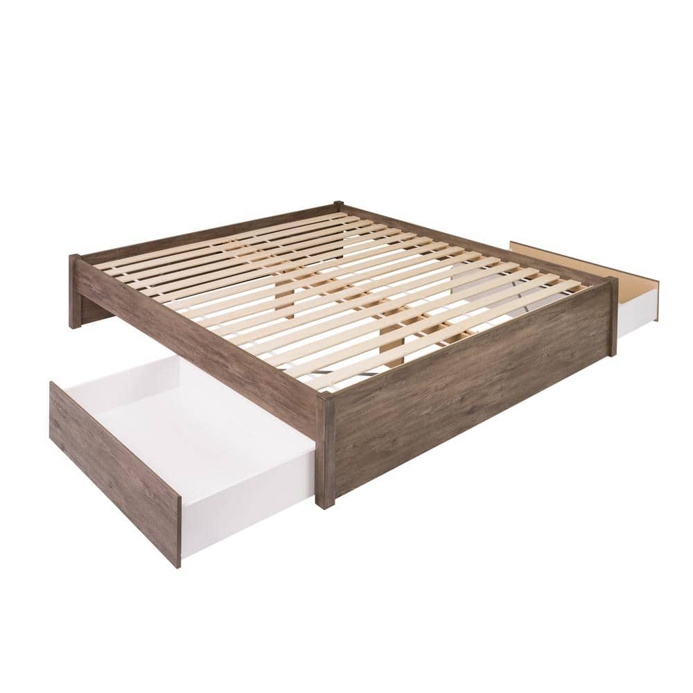 Drifted Gray King-Sized 4-Post Storage Bed with Dual Drawers