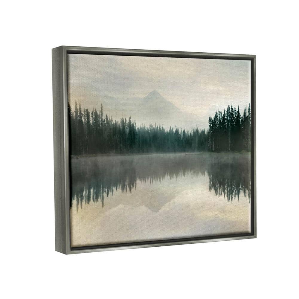 Foggy Lake Forest Landscape Green and Brown Framed Canvas Print, 21 x 17