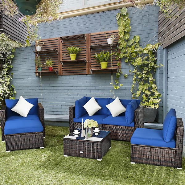 Costway 6-Piece Wicker Patio Conversation Set Sofa Coffee Table Ottoman with Navy Cushion