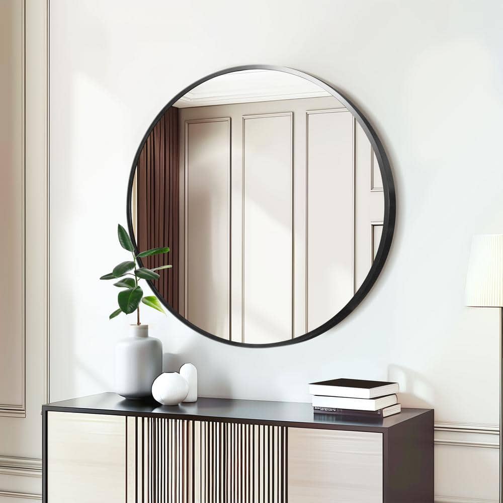 20 in. W. x 20 in. H Metal Framed Round Mirror in Black
