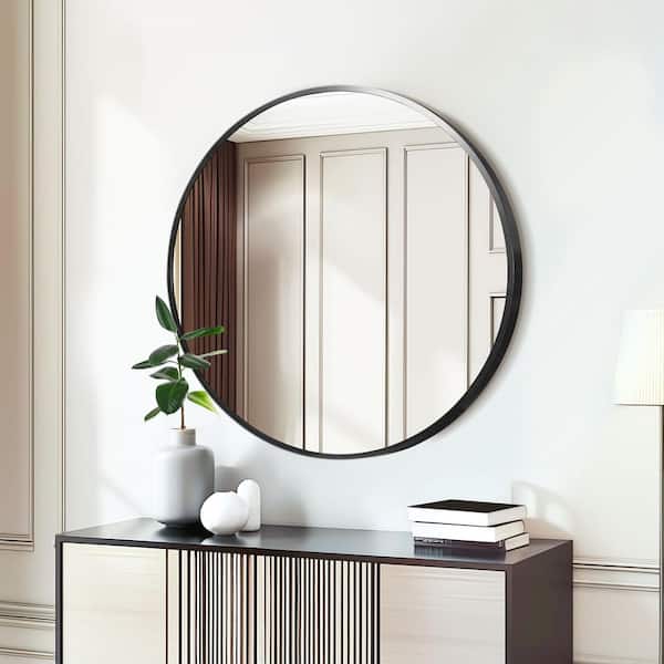Lirago 20 in. W. x 20 in. H Metal Framed Round Mirror in Black
