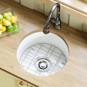 White Undermount/Drop-in Fireclay 18.5 in. L x 9 in. D Single Bowl Round Kitchen Sink with Bottom Grid and Strainer