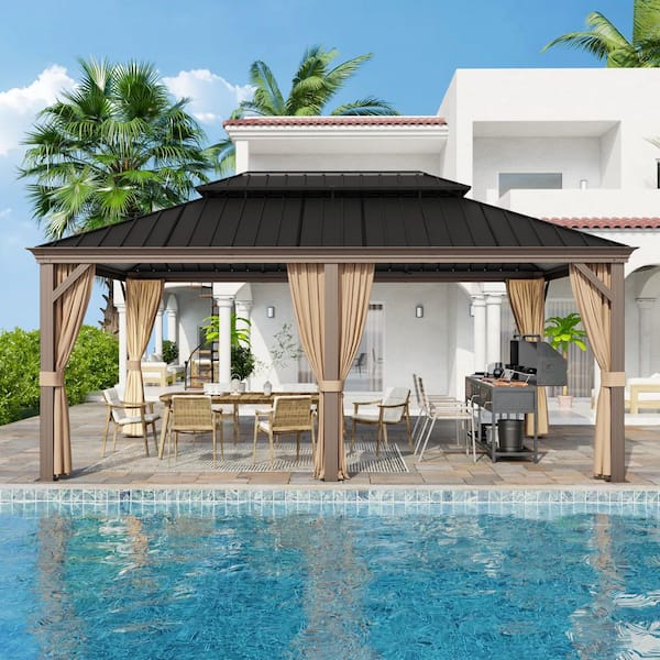 12 ft. x 18 ft. Outdoor Patio Aluminum Frame Gazebo with Double Hardtop Steel Roof, Mosquito Net and Curtains
