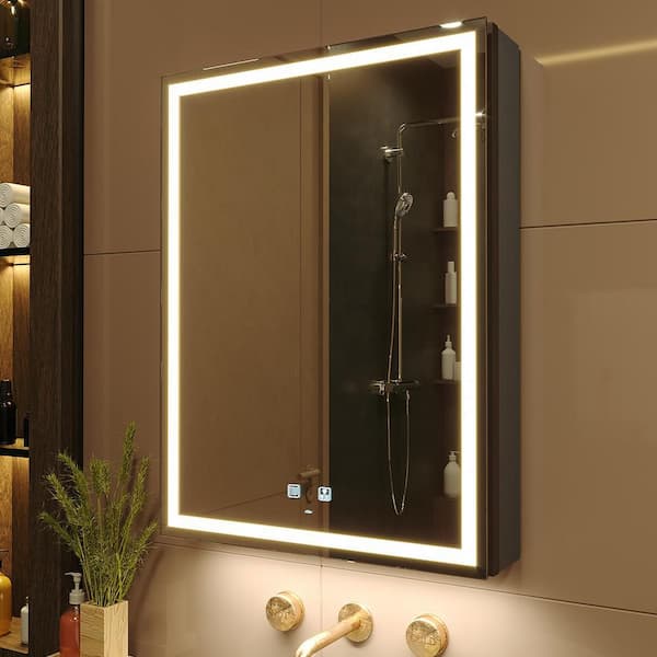KWW 20 in. W x 28 in. H Large Rectangular Silver Surface Mount LED Lighted Medicine Cabinet with Mirror