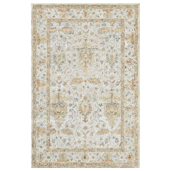 LR Home Glenis Silver/Taupe/Cream 9 ft. x 12 ft. Traditional Floral Bordered Wool Hand Tufted Area Rug