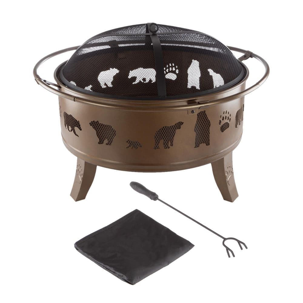 32-Inch Antique Gold Steel Wood Burning Fire Pit with Bear Cutouts
