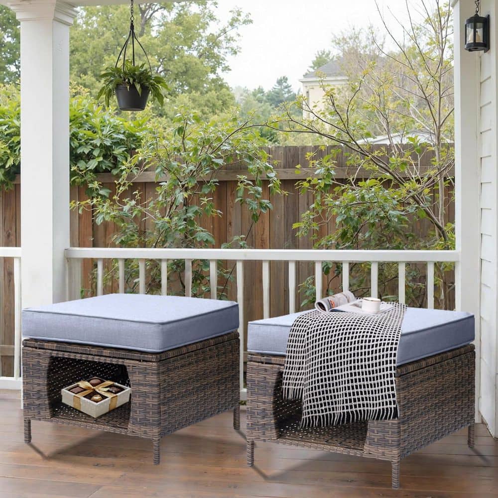 Brown Wicker Outdoor Patio Ottoman with Storage and Gray Cushions (Set of 2)