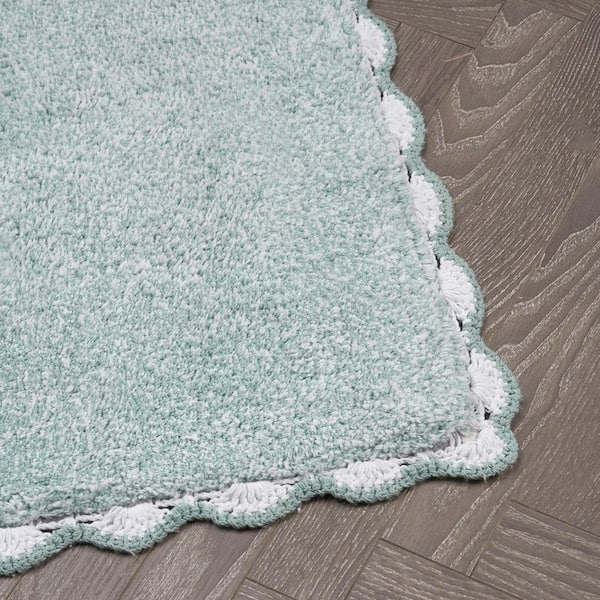 Heathered Crochet Border Aqua Blue 17 in. x 24 in. / 20 in. x 32 in. Solid Color Cotton 2-Piece Bath Rug Set