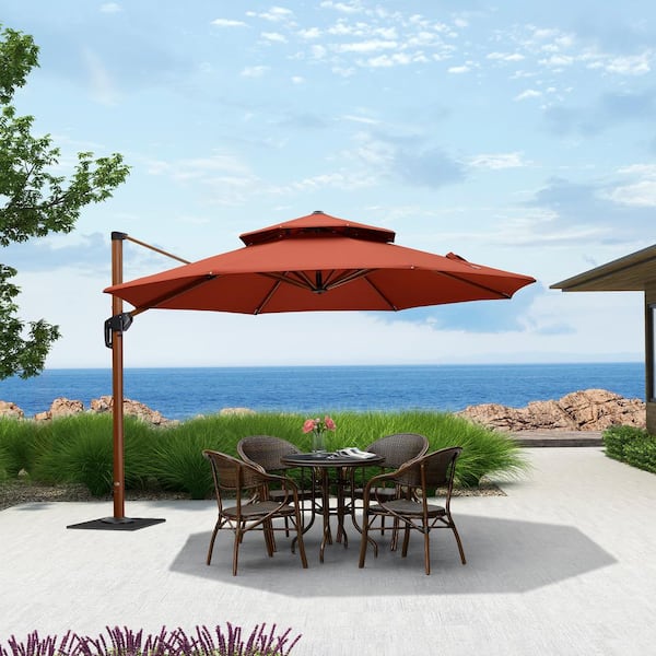 PURPLE LEAF 12 ft. Octagon High-Quality Wood Pattern Aluminum Cantilever Polyester Patio Umbrella with Base Plate, Brick Red