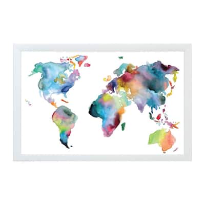 Watercolor World Map White Frame Magnetic Memo Board
