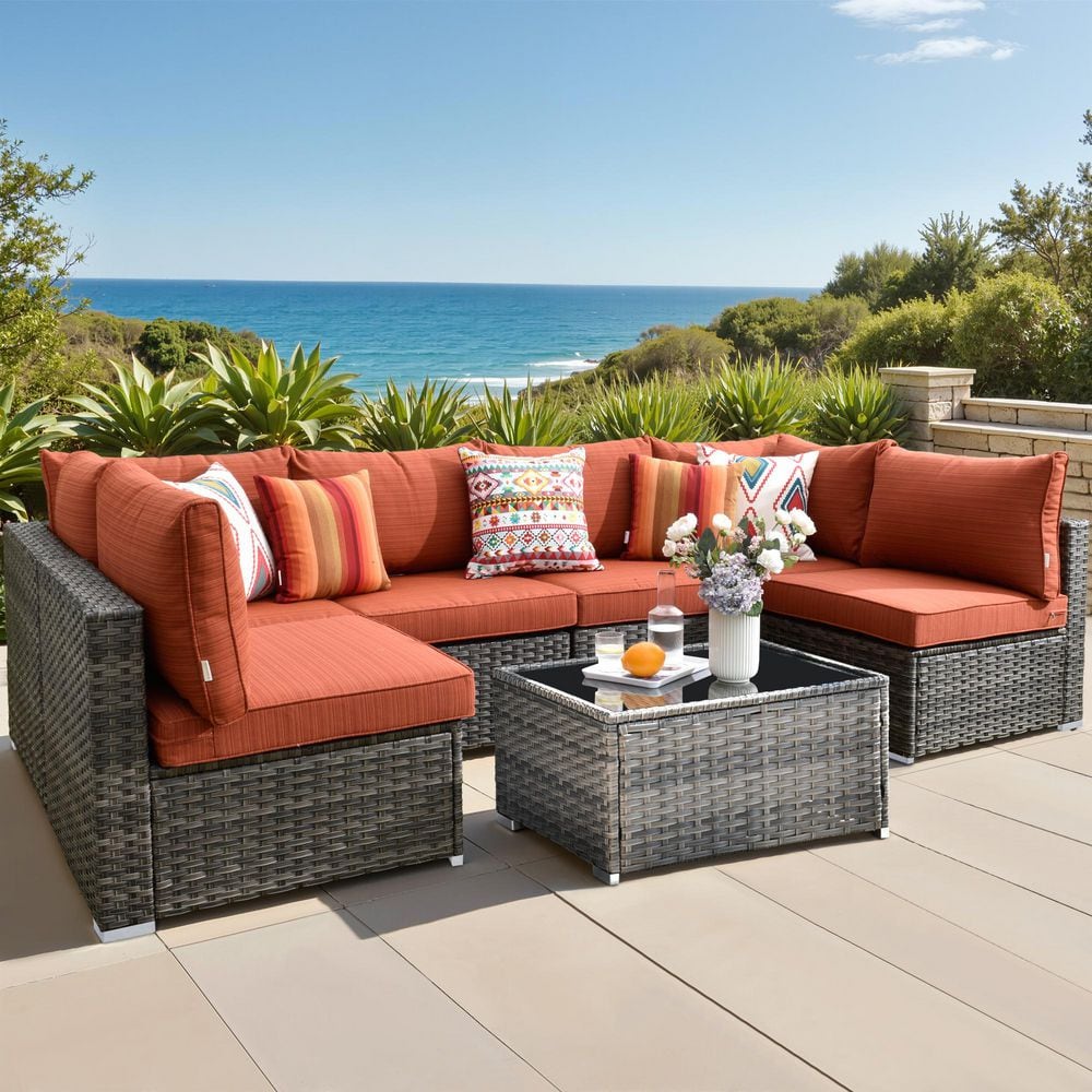 Maire Gray 7-Piece Wicker Outdoor Patio Conversation Sofa Seating Set with Orange Red Cushions price history on PriceWatchPro