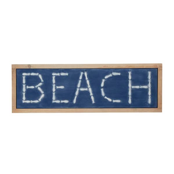 Litton Lane Metal White Beach Sign Wall Decor with Brown Frame