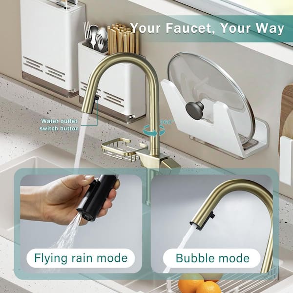 Pull-Down Kitchen Faucet in Brushed Gold with Dual Spray Modes, 360°Swivel High Arc Single Hole Sink Faucet