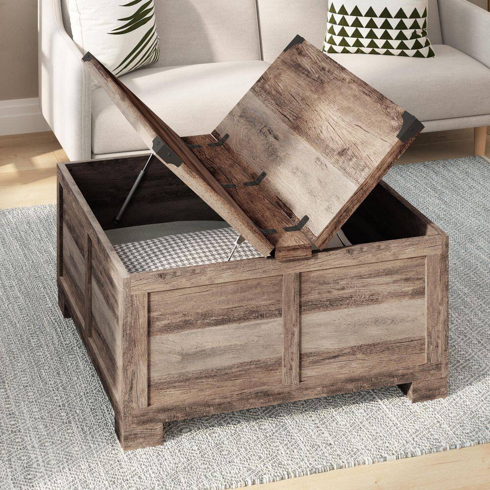 Rustic Gray Wash Square Wood and Metal Lift-Top Coffee Table with Storage