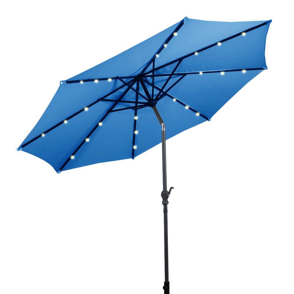 WELLFOR 10 ft. Steel Market Solar Tilt Patio Umbrella with Crank and LED Lights in Blue OPHWY