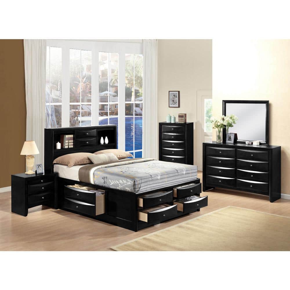 Transitional Black Queen Storage Bed with Nickel Accents and Bookcase Headboard