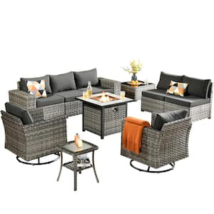 Tahoe Grey 10-Piece Wicker Swivel Rocking Outdoor Patio Conversation Sofa Set with a Fire Pit and Black Cushions
