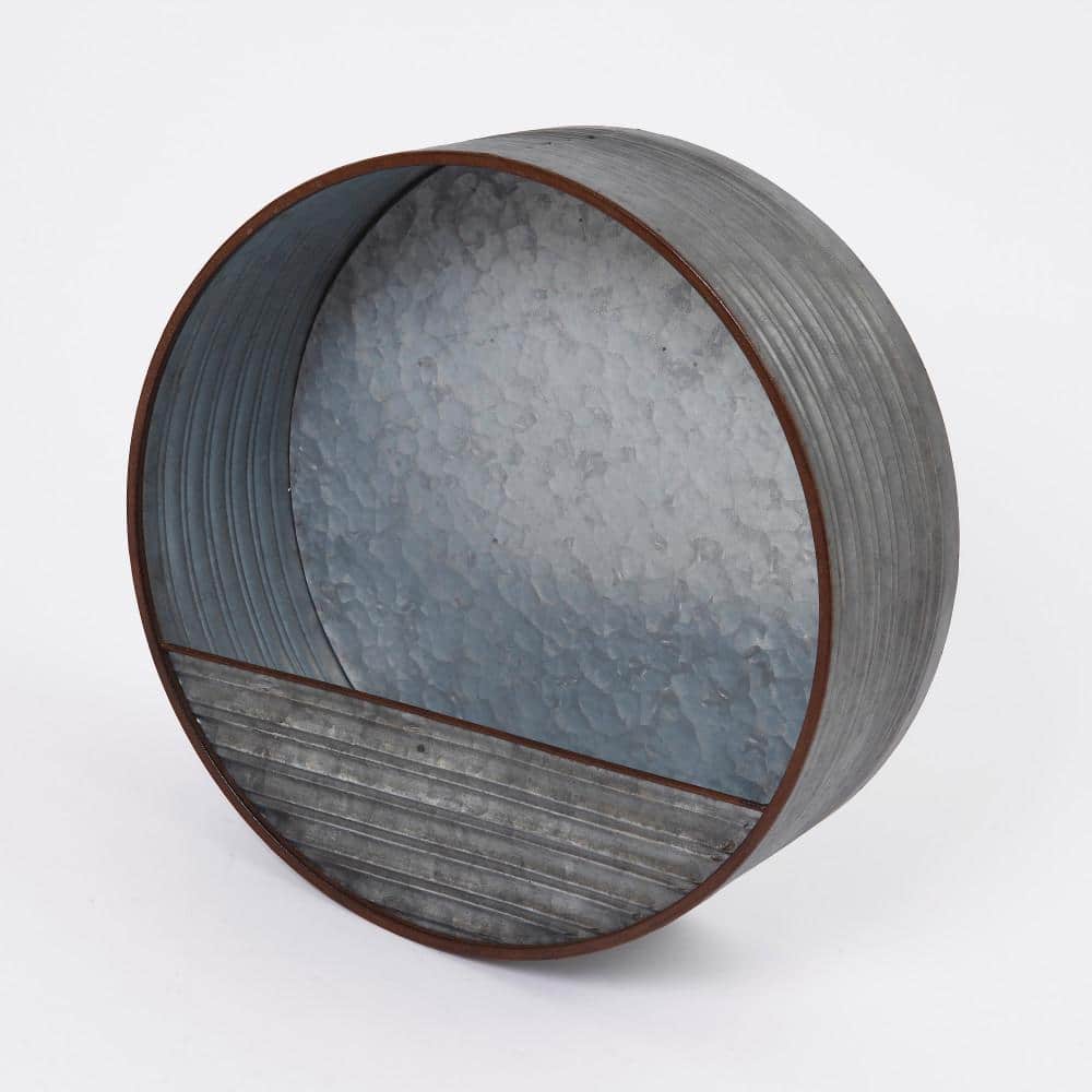 15.7" Silver Galvanized Metal Round Hanging Planter