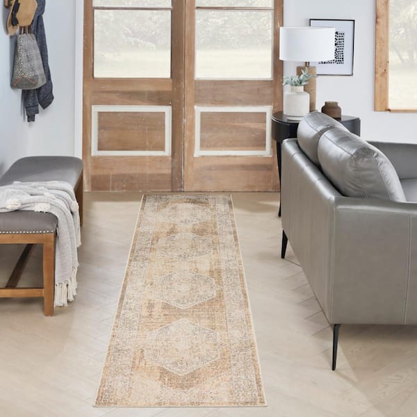 Astra Machine Washable Beige 2 ft. x 8 ft. Center medallion Traditional Runner Area Rug