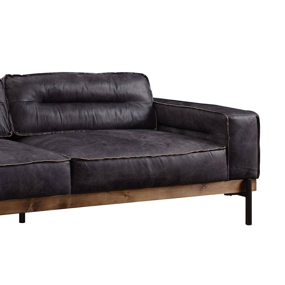 Antique Ebony Leather Sofa with Wooden Trim and Track Arms