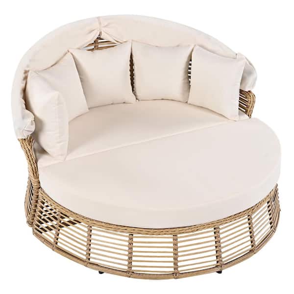 Sudzendf Wicker Patio Outdoor Double Day Bed Round Sofa Furniture Set with Beige Cushions and Retractable Canopy