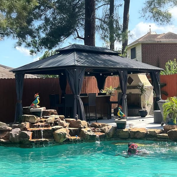 12 ft. x 18 ft. Gray Aluminum Hardtop Gazebo Canopy with Netting and Curtains