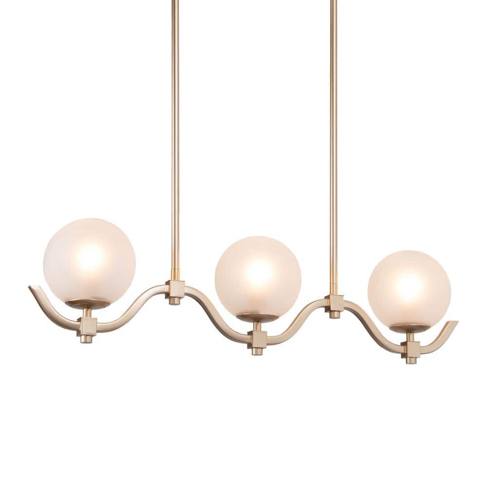 3-Light Satin Gold Island Farmhouse Chandelier with Globe Frosted Glass Sha