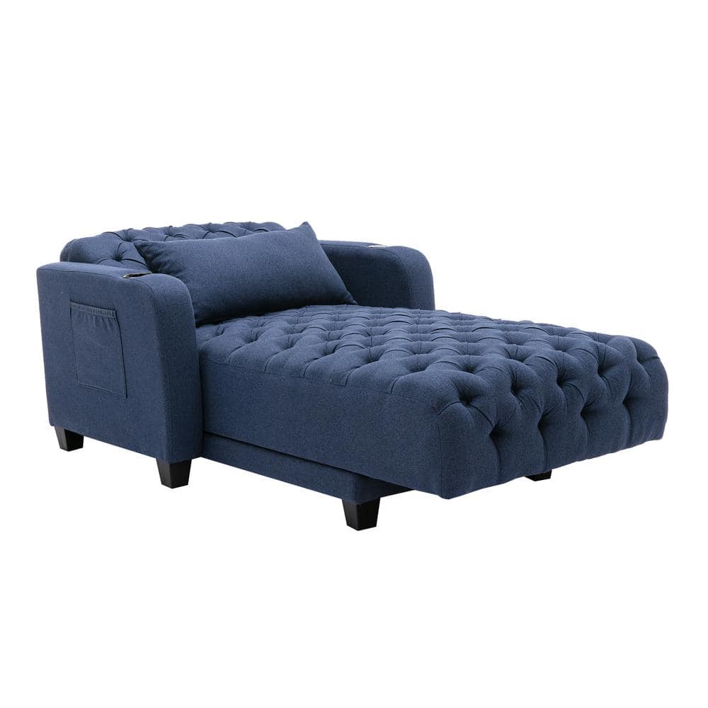 Navy Polyester Tufted Reclining Chaise Lounge With Wireless Charge and Cup 