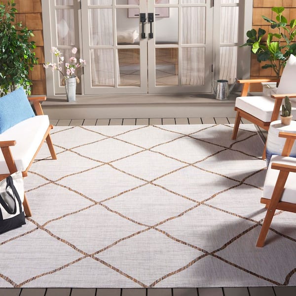 Courtyard Ivory/Brown 9 ft. x 12 ft. Trellis Impression Indoor/Outdoor Area Rug